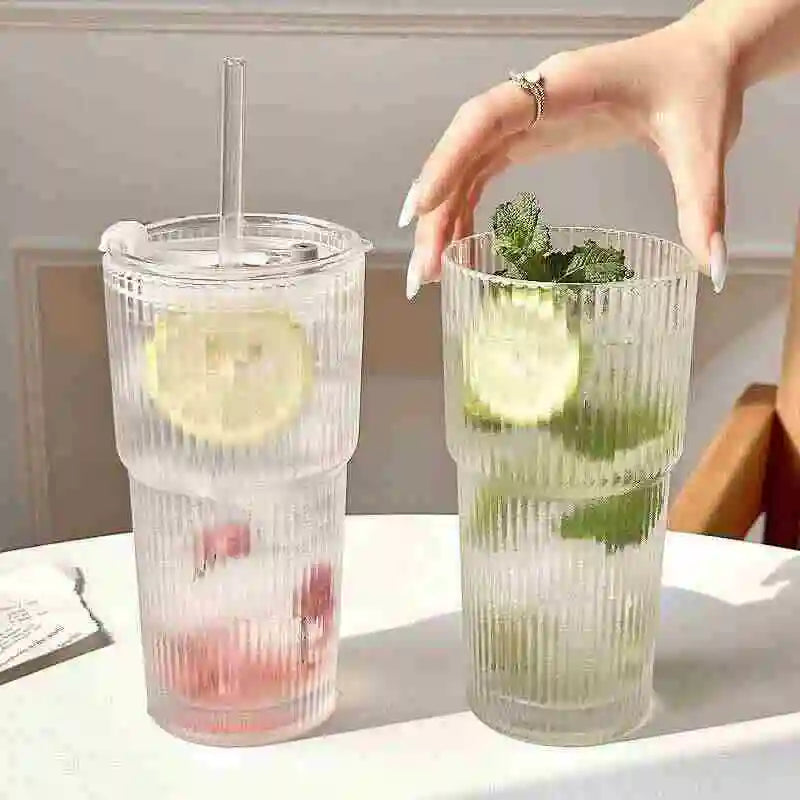 Large Capacity Stripe Glass Coffee Cup With Lid Cover Straw Transparent Drinking Glasses For Juice Iced Coffee Mugs Drinkware Qme