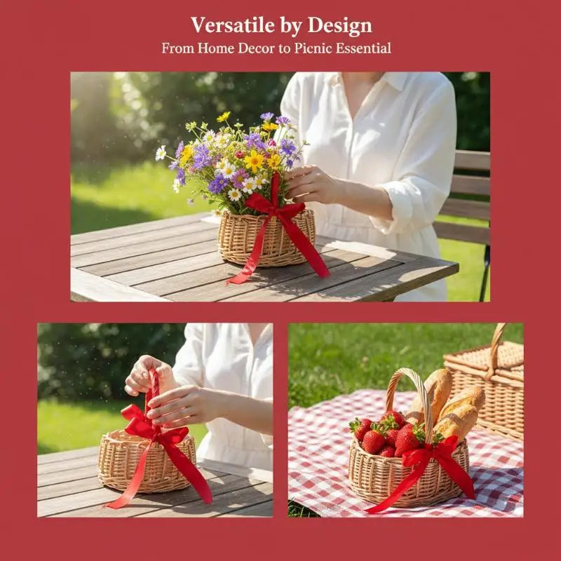 Handmade Woven Rattan Flower Basket - Boho Chic Storage Rack & Flower Girl Basket for Wedding Ceremony, Party Decor & Home Organ Qme
