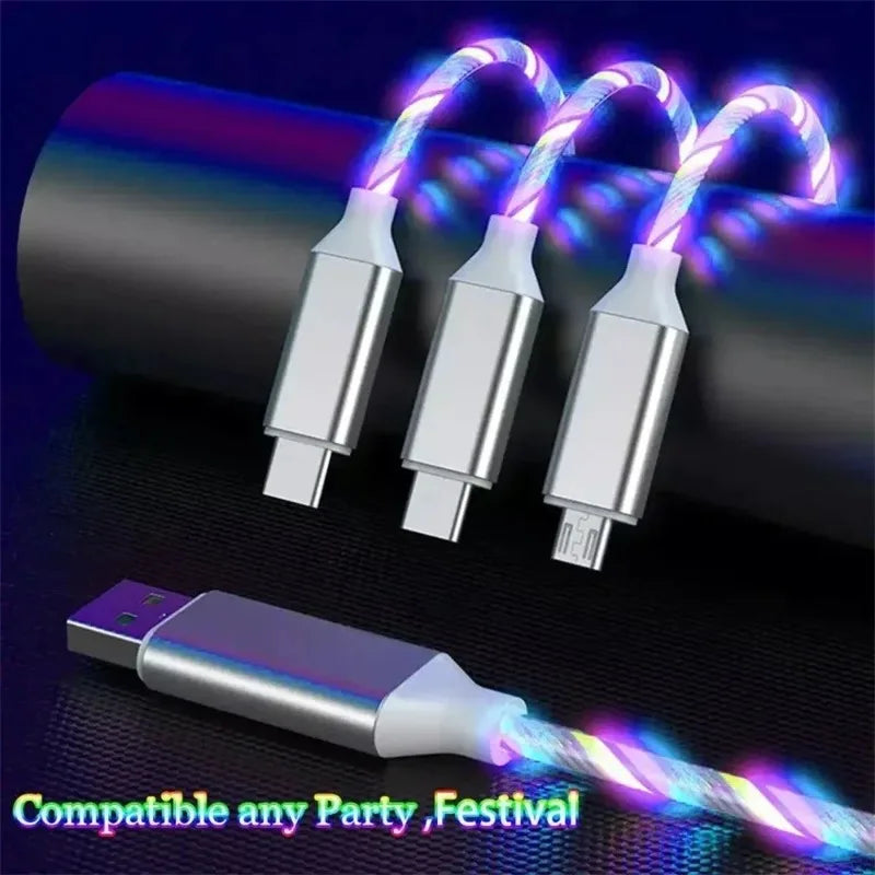 2pcs 3 in 1 Fast Charging Cable for Type C Lightning Android Universal Mobile Phones with Flowing Light Qme