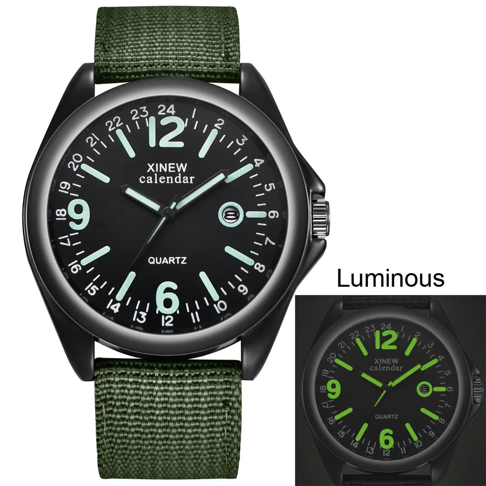 Man’s Luminous Fashion And Casual Versatile Canvas Strap Calendar Quartz Watch Basic Simple No Waterproof Black Round Dial Reloj Qme Green No