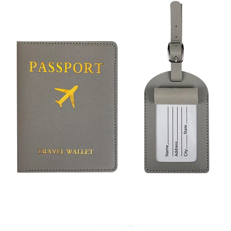 PU Leather Luggage Tag Passport Holder Set Passport Protective Cover Travel Portable ID Credit Card Holder Travel Accessories Qme Grey