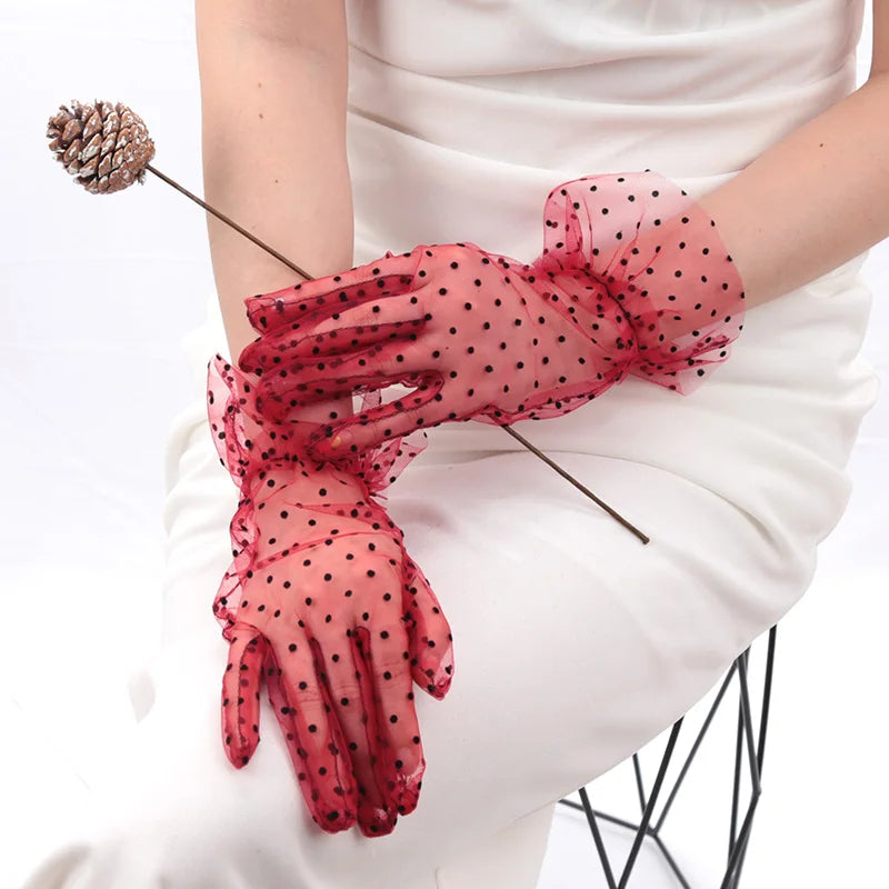 Women Sexy Lace Gloves Transparentes Dot Mesh Short Tulle Mittens Qme A4