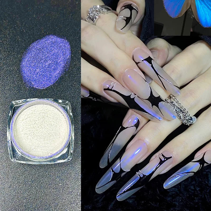 Icy Aurora Glitter Powder, Fairy Nail Glitter with Polarizing Shine, Transparent Holographic Mirror Glitter for Nail Art, 1g Qme Aurora Violet
