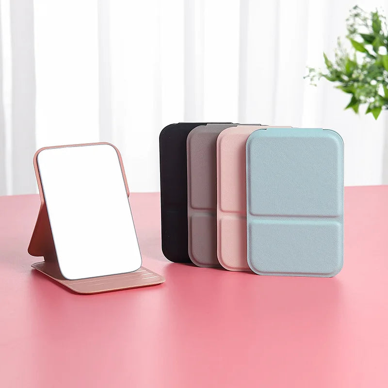 Desktop Makeup Mirror Solid PU Leather Simple Portable Handheld Qme