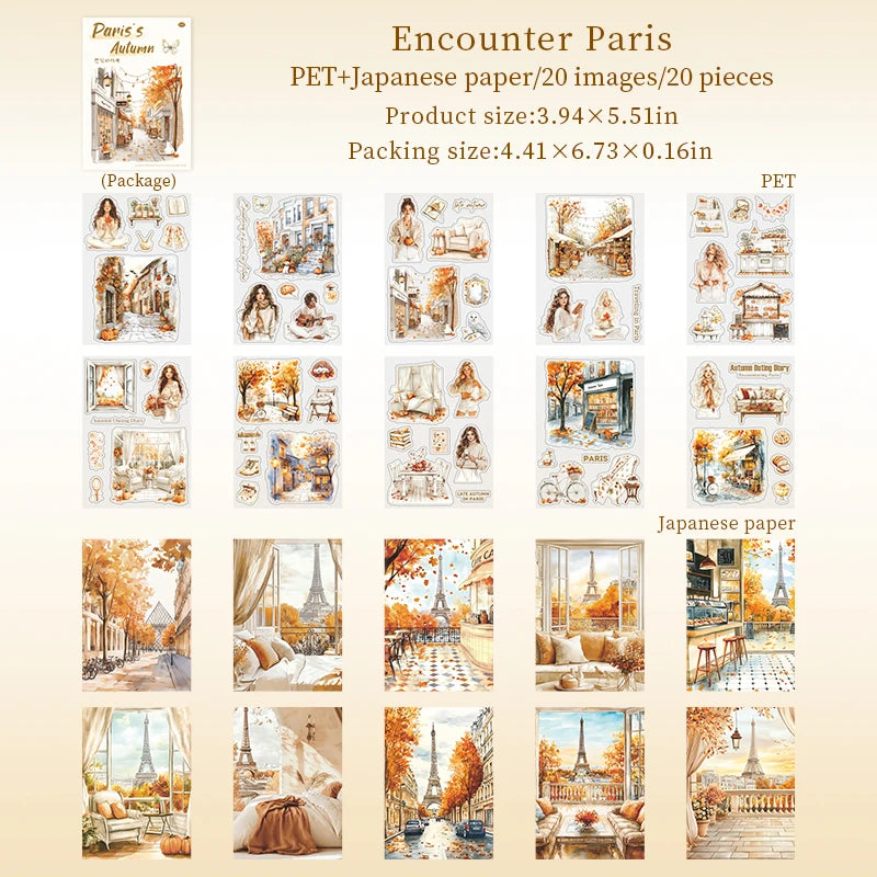 20 Sheets Paris Autumn Series Travel Theme Dual Material Sticker Book for DIY Scrapbooking Photo Frame Collage Decoration Qme 5