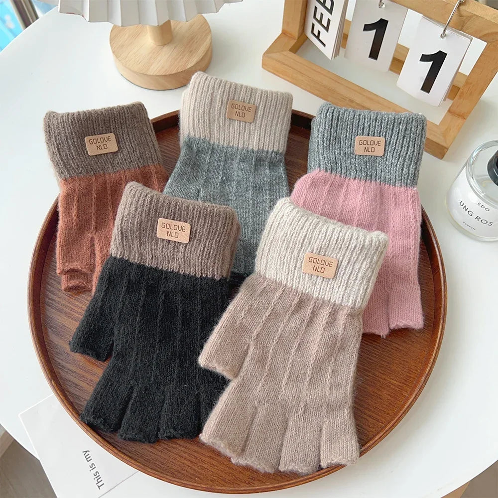2024 Men Winter Fingerless Half Finger Knitted Gloves Office Warm Qme