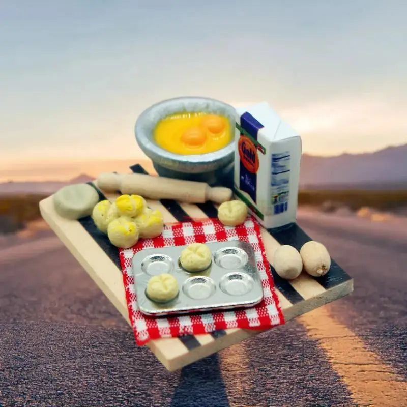 Dollhouse Food Toy Pastry Making Station Egg Milk Bread Cutting Board Qme