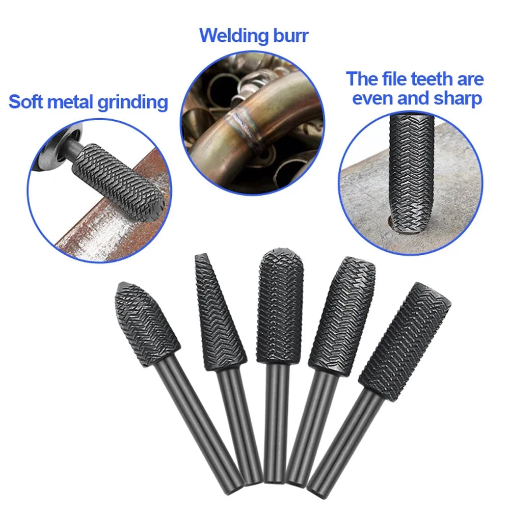 5Pcs 6mm Shank Electric Rotary File Burr Set Textured Steel Files For Soft Metal Grinding Polishing Power Tool Accessories Qme