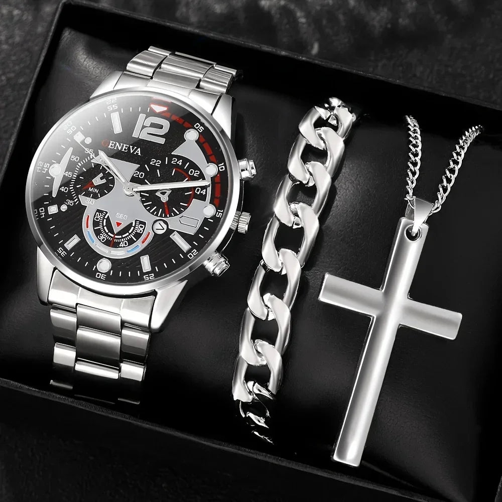 3PCS/Set Men's Quartz Watch with Calendar Feature, Fashionable Non-Waterproof Round Dial, Zinc Alloy Case & Strap Qme