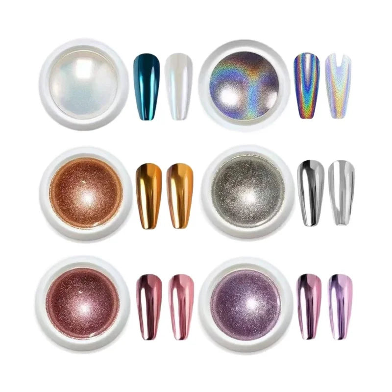 6 Box Moonlight Mirror Nail Powder Silver Fine Glitter Metallic Effect Pigment Gel Polish Chrome Holographic Nail Powder Qme