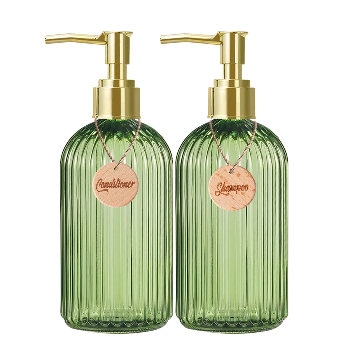 Reusable Shampoo Conditioner Body Wash Bottle Bathroom Shower Soap Dispenser with Wooden Tag Gold Bathroom Accessories Qme set of 2-B 500ml