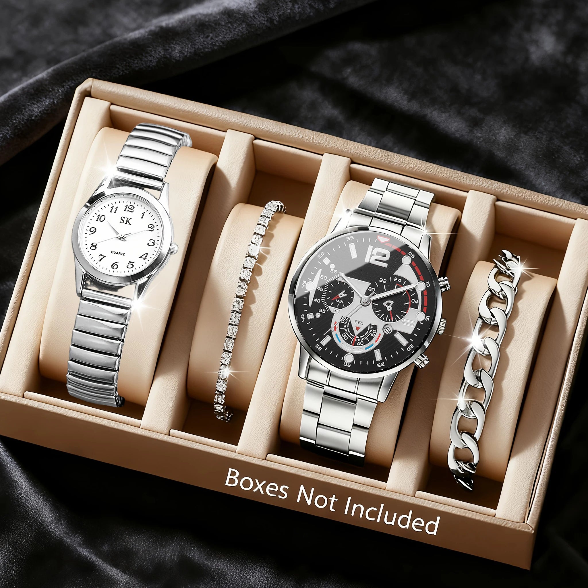 4pcs Fashion Couple's Watches Bracelets Set Men Calendar Business Watches Ladies Elastic Band Wristwatch（Without Box） Qme Silver No Box