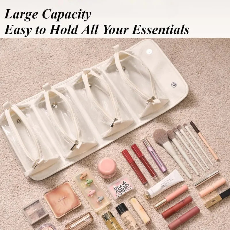 4-in-1 Detachable Leather Cosmetic Bag Waterproof Clear Compartments Qme