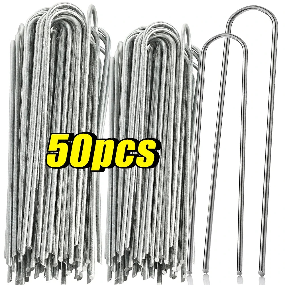 U-type Garden Staples Heavy-duty Fence Tubing Stakes Sod Pins Galvanized Landscape Spike for Holding Lawns Barrier Ground Nail Qme