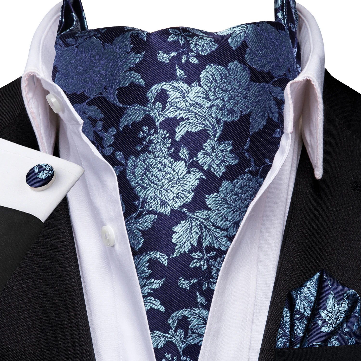 Mens Blue Floral Stripes Cravat Ascot Pocket Square Cufflinks Wedding Qme LDAS1187
