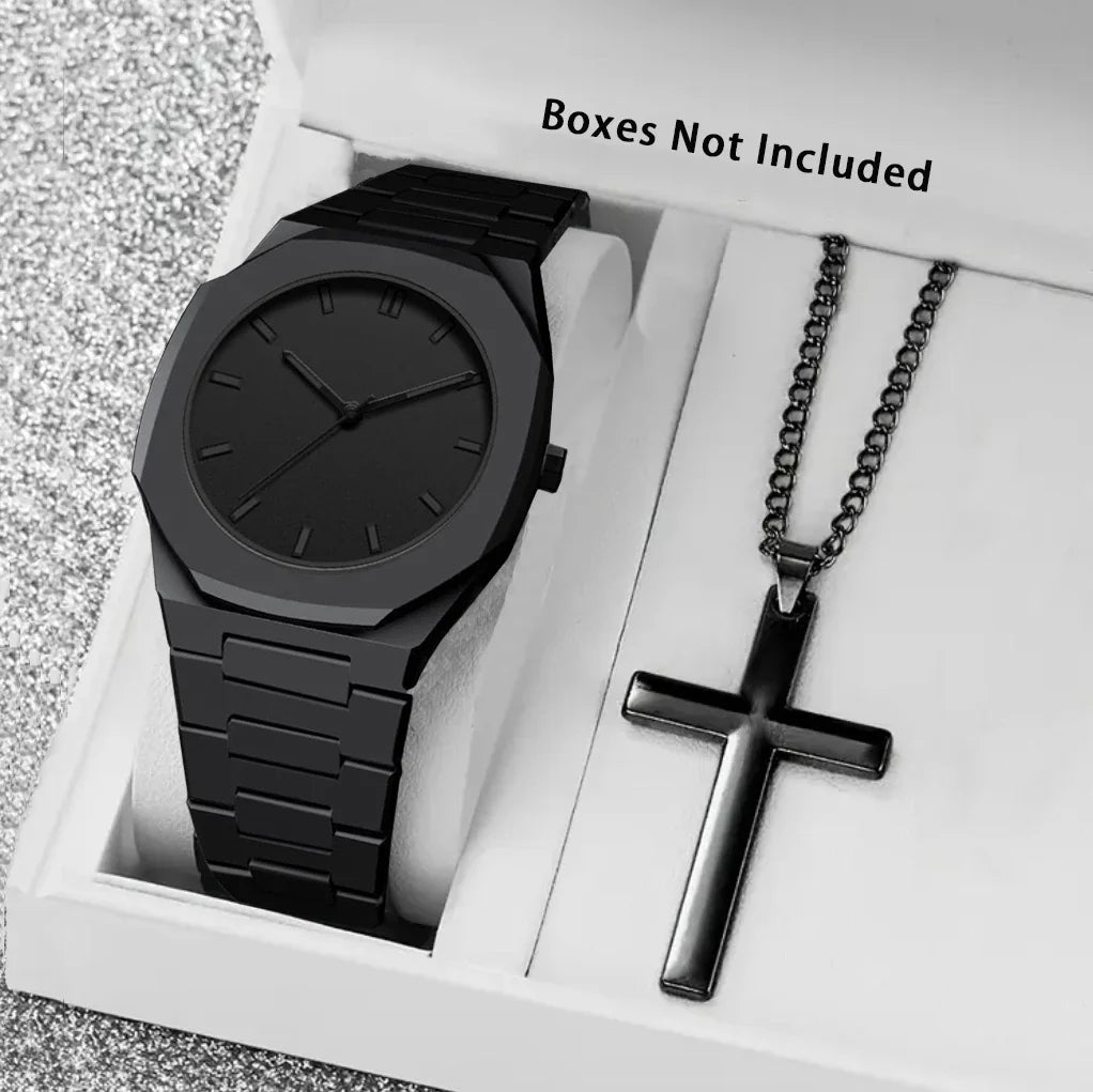 2PCS Men's Watch Sets Fashion Casual Sport Black Resin Quartz Watch Free Bracelet Qme