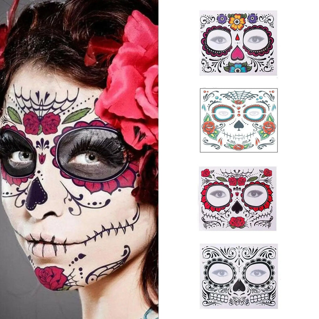 Day Of The Dead Face Tattoos, 13 Sheets Sugar Skull Temporary Face Tattoos Stickers For Halloween Party Facial Makeup Stickers Qme