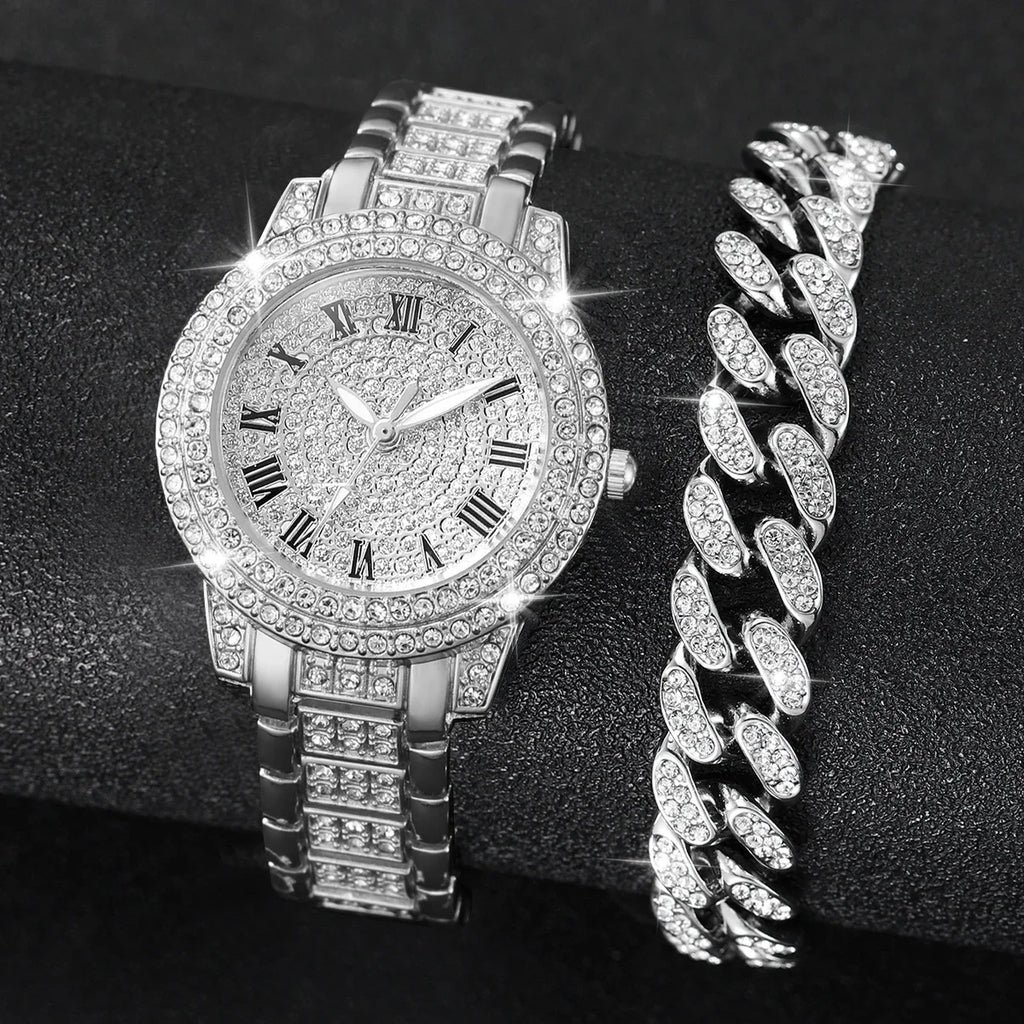 2 pçs moda diamante relógios femininos relógio de ouro senhoras relógios de pulso luxo strass pulseira das mulheres relógios Qme 2