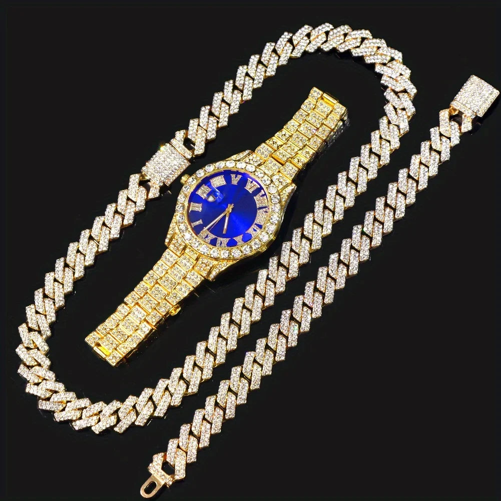 Fashion Rhinestone Wrist Watch & Hip Hop 14MM Prong Cuban Chain & Rapper Cuban Necklaces Set, Punk Party Gift Qme