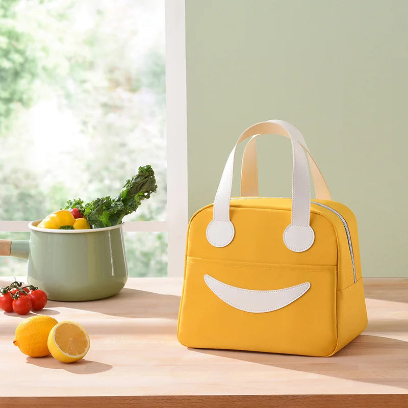 A Portable Cute Smile Lunch Bag Insulated Refrigerated Food Safe Girls Warm Food Picnic Office Student Zip Food Storage Box Qme