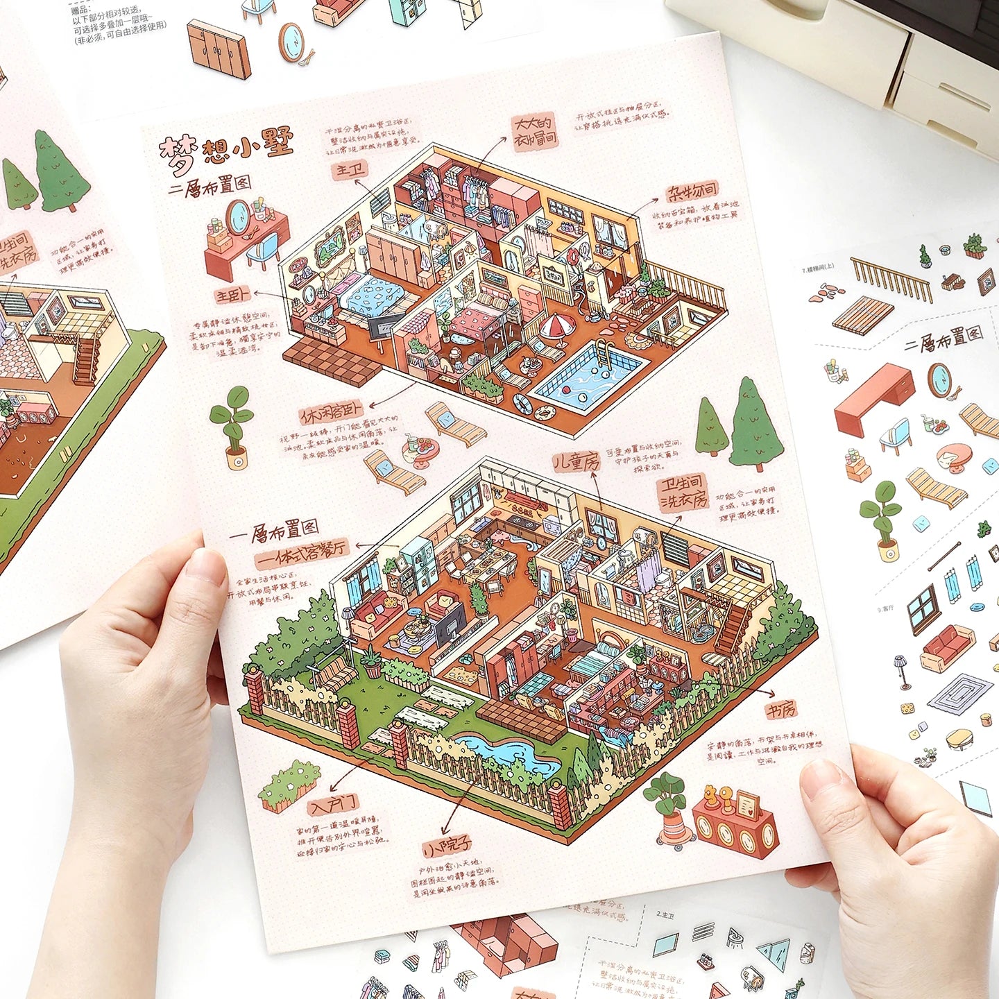 TIANZI Creative Cartoon 3D Landscape Sticker PET DIY Cabin Scene Sticker Miniature House Sticker Cabin Scene Stationery stickers Qme C-8 Pcs