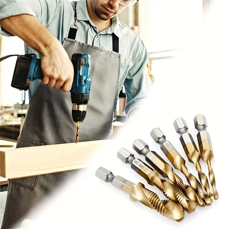 6pcs Titanium Coated HSS Drill Bit Set - Metric Thread M3-M10, Countersink & Screw Tapping Bits for Precision Hole Machining Qme