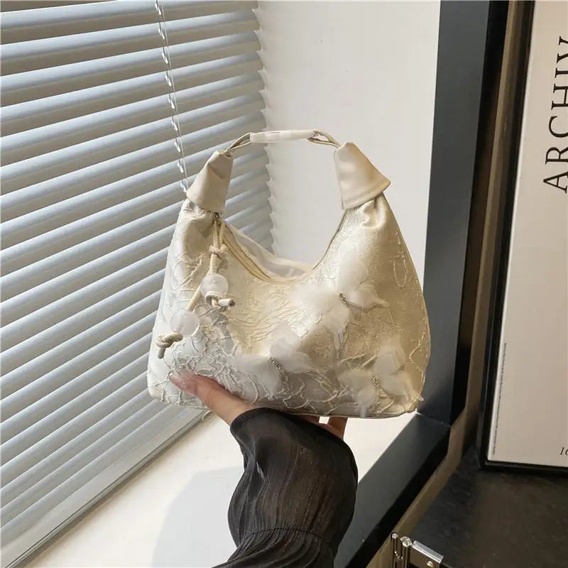 Sweet Embroidery Shoulder Bag Nylon Texture Pearl Pendant Crossbody Small Bucket Handbag For Women Girls Qme A1