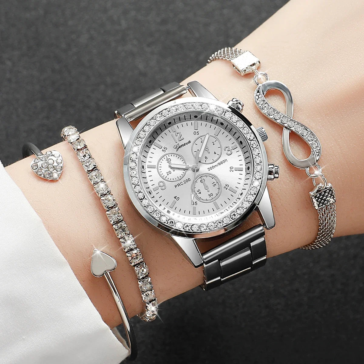 Elegant Sparkling Rhinestone Women Gift Set, GENEVA Gold Tone Chronograph Watch Matching Diamond Heart Infinity Jewelry Bracelet Qme Ivory