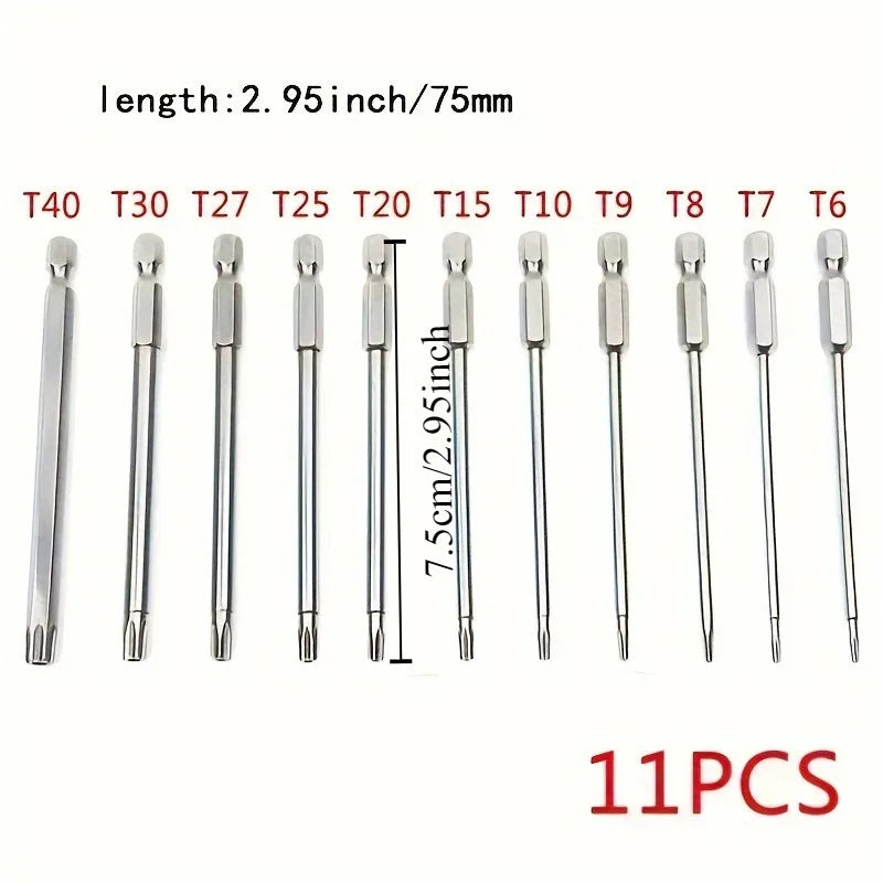 11Pcs Precision Star Plum Bit Set, S2 Alloy Steel, 75mm Long, With Hexagonal Socket, for Vehicle and Electrical Maintenance Qme