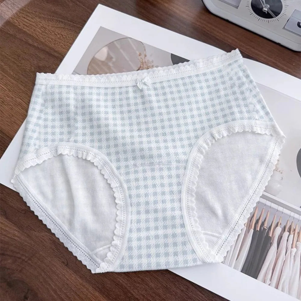 Cute Mid-waist Underwear Women Bear Grid Sweet Floral Panties Qme Blue 1XL 1pc