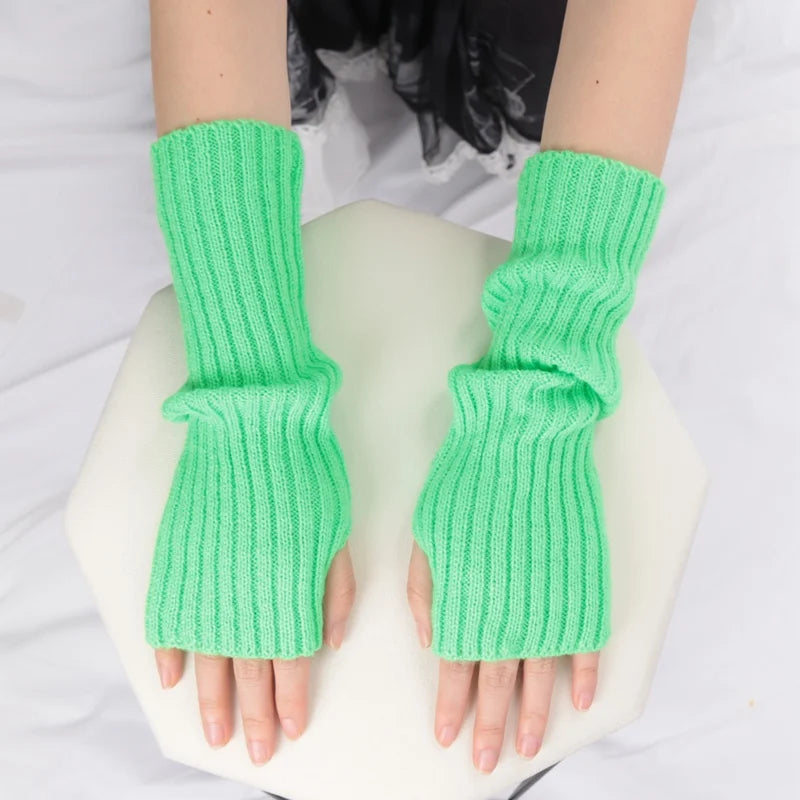Women Long Fingerless Gloves Fashion Winter Warmer Mitten Arm Sleeve Qme light green length 30cm