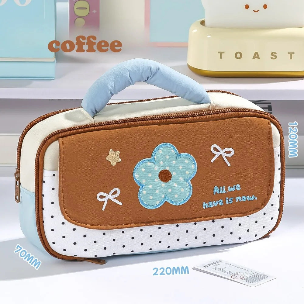 Cute Polka Dot Pencil Box Soft Handle Multi Pocket Stationery Bag Qme Brown