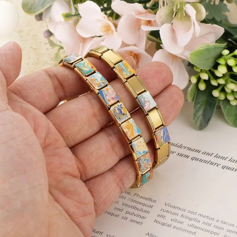 Blue Sea World Starfish Beach Summer Gold Color Italian Charm Links Fit 9mm Stainless Steel Bracelet Women Jewelry DIY Making Qme