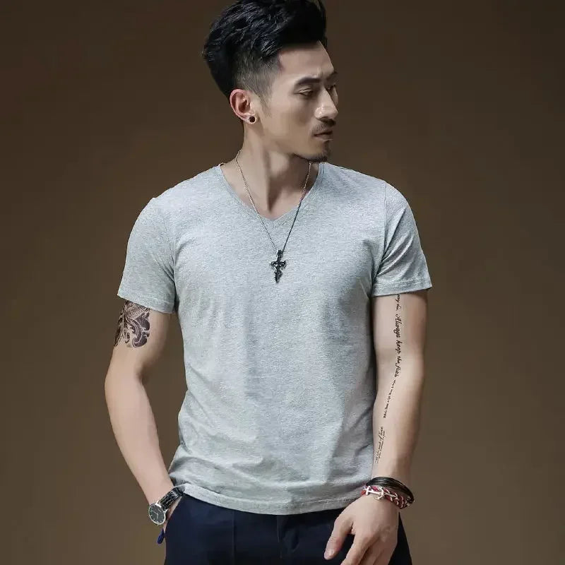 Plain Cotton Gym T-shirt Men Summer Fitness Clothing V-Neck Short Sleeve T Shirt Summer Comfortable Breathable Versatile Top Qme QH XXXL