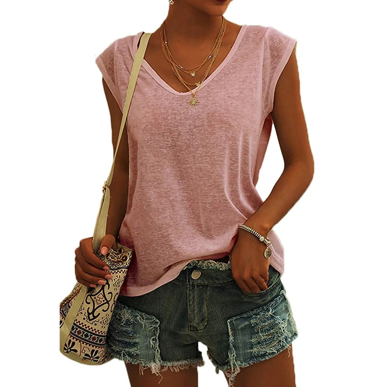 Women's Solid Color Minimalist Fashionable V-Neck Sleeveless T-Shirt Casual And Versatile Loose Summer Basics Street Tank Tops Qme Pink XL