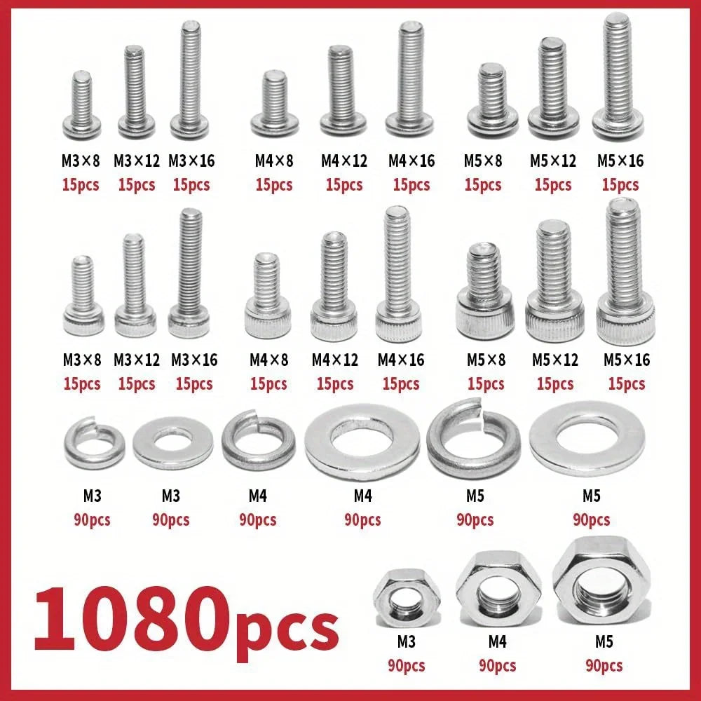 Fastener combination kit, suitable for machine screws of M3, M4, and M5 sizes, including metric screws with round heads Qme