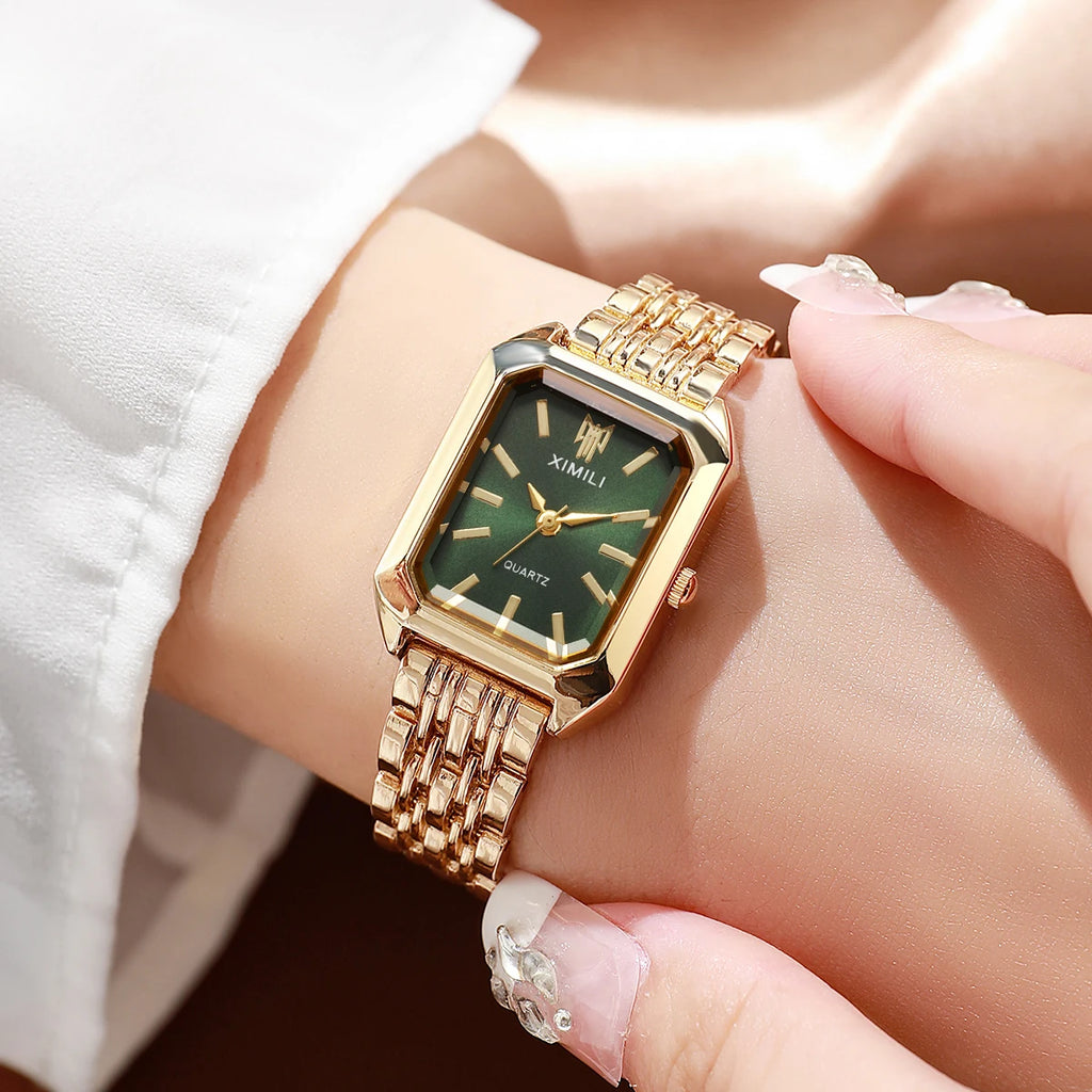 Women Gold Square Quartz Watch Green White Dial Thin Steel Band Wristwatch Qme