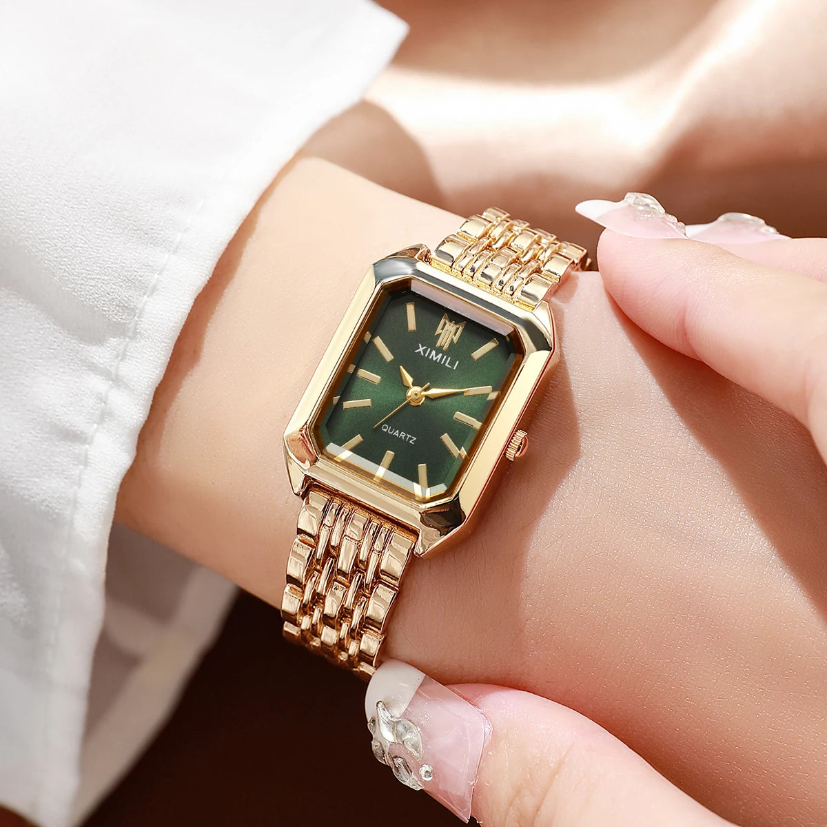Women Gold Square Quartz Watch Green White Dial Thin Steel Band Wristwatch Qme
