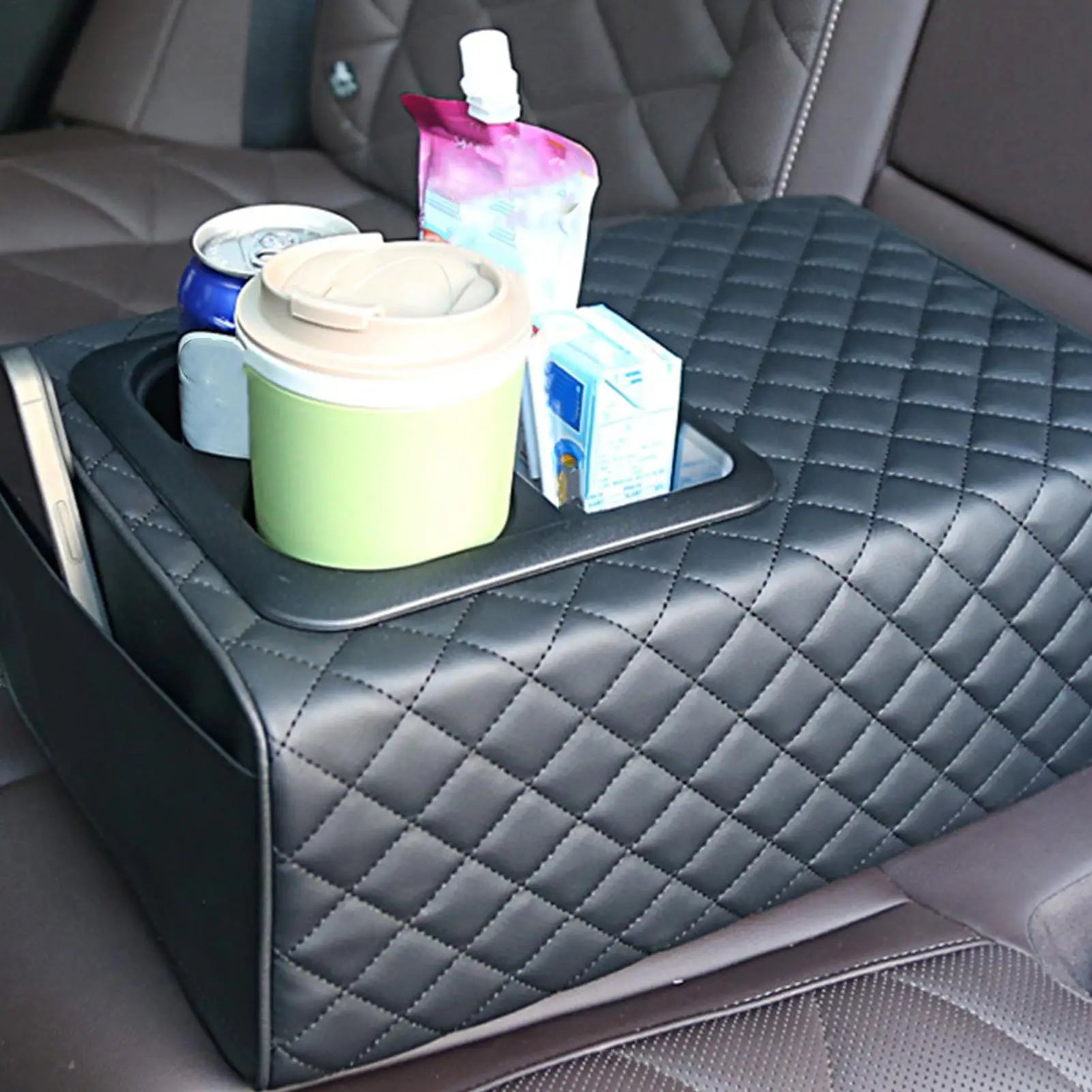 Car Armrest Box Cushion, Auto Center Console Armrest Cushion With 2 Cup Holder PU Leather Armrest Pad Portable Car Amrest Qme