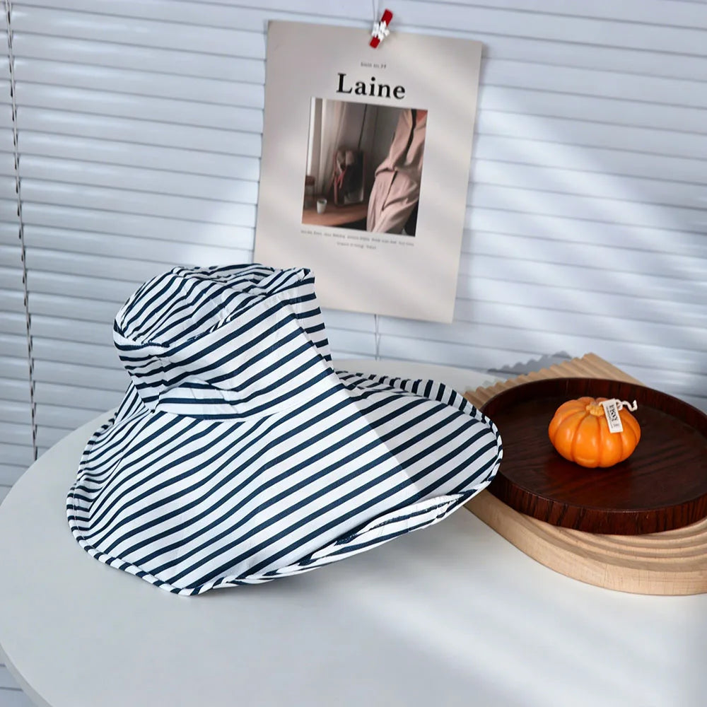 Simple Striped Bucket Hat Widened Brim Sunshade Foldable Beach Sun Cap Lightweight Cloth Roll Edge Fisherman Hat Vacation Qme