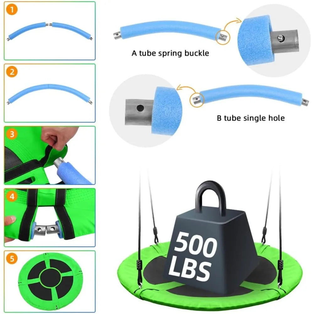 40 Inch Saucer Tree Swing for Kids Adults Outdoor Oxford Waterproof with Tree Hanging Straps Swing Seat Steel Frame Sports Toy Qme