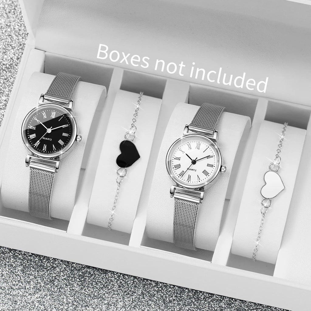 Silver mesh with Roman dial couple watch black and white dial heart thin bracelet set, four pieces, not including gift box Qme 4PCS Without Box