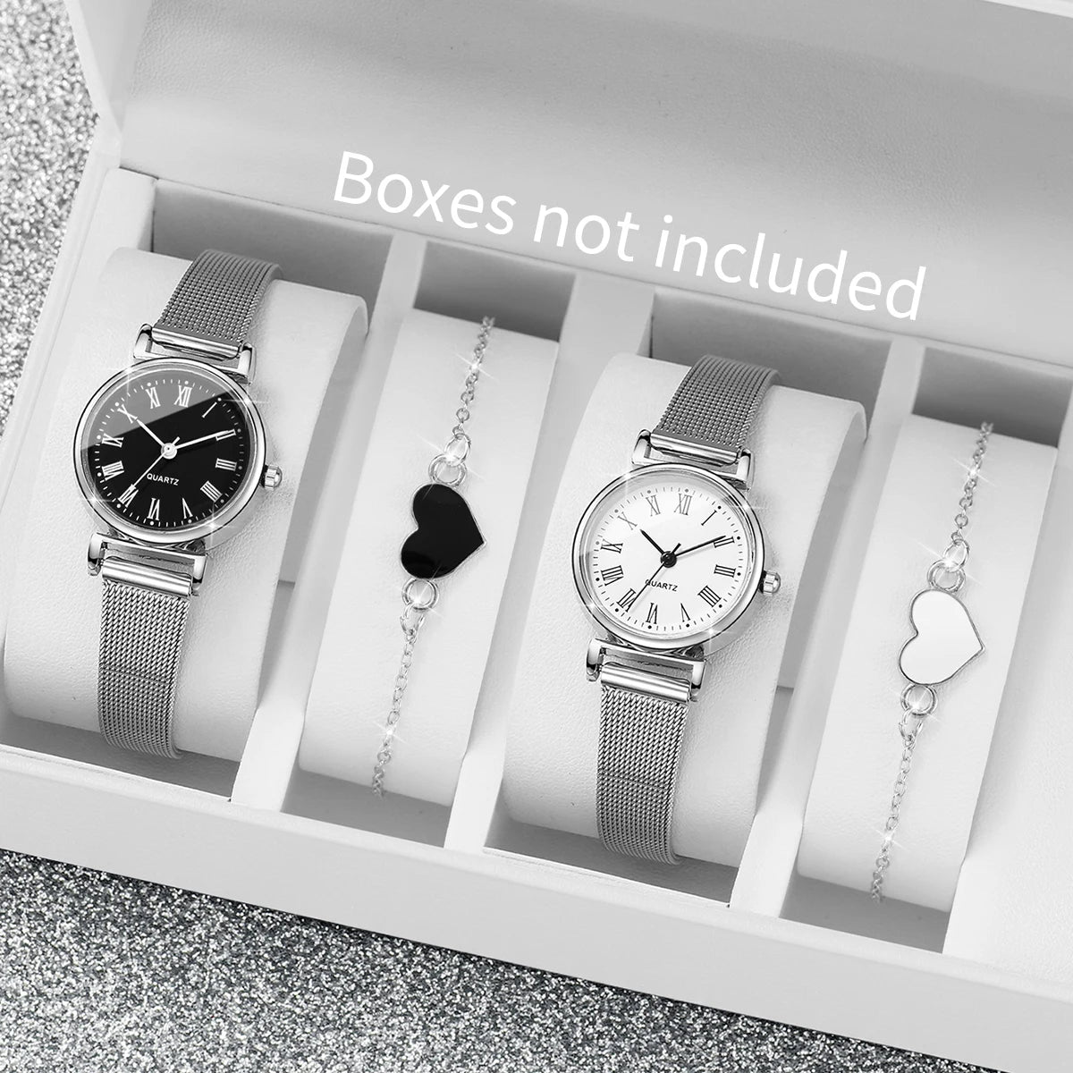 Silver mesh with Roman dial couple watch black and white dial heart thin bracelet set, four pieces, not including gift box Qme 4PCS Without Box