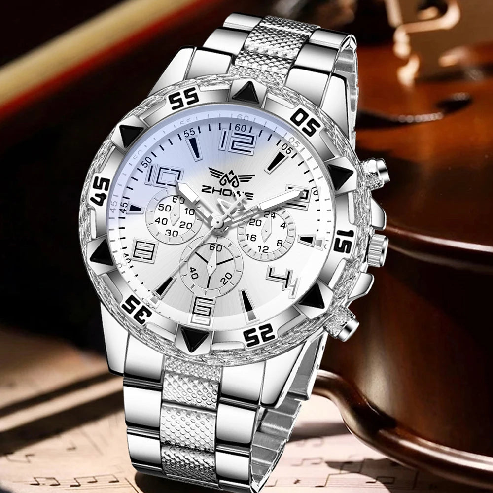 2PCS Silver Men's Watch Set Fashion Trend Business Quartz Watch Set Suitable for Daily Clothing Matching Perfect Gift Qme