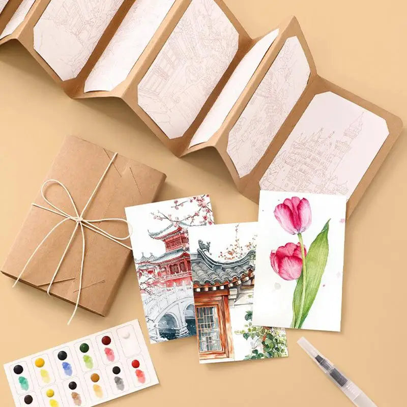 9 Sheets Watercolor Painting Thick Folding Storage Book Pen Holiday Qme