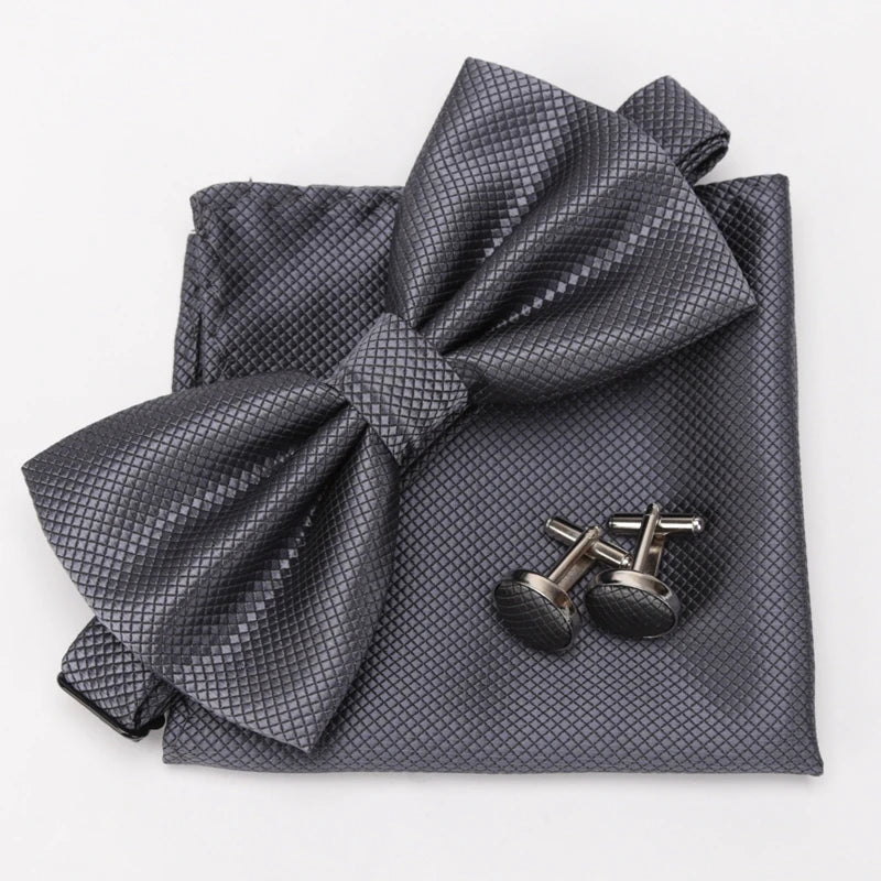 Men Bowtie Plaids Classic Fashion Wedding Party Formal Cufflinks Bow Qme Dark Grey