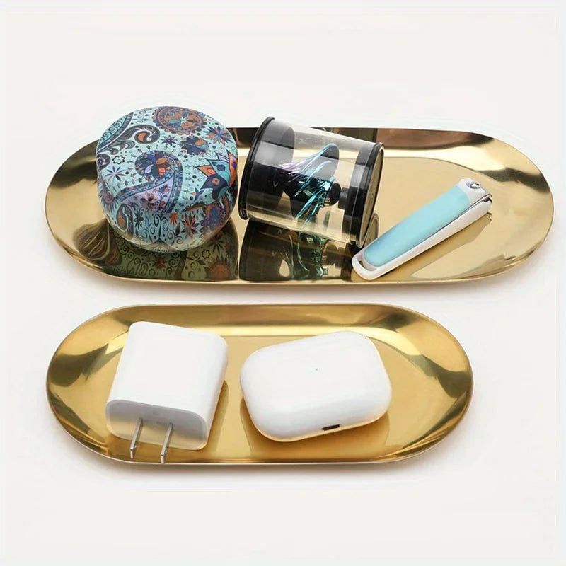 Stainless Steel Decorative Tray, 17.78 cm Long, Jewelry And Cosmetics Organizer for Bathroom Clutter, Small Storage Tray Qme