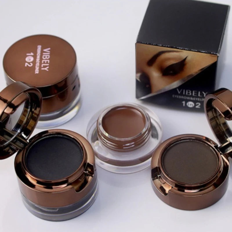 2 in 1 Eyebrow Powder & Eyeliner Gel High Pigment Silky Smooth Waterproof Long Lasting Dual-Ended Brush with Mirror Makeup Qme