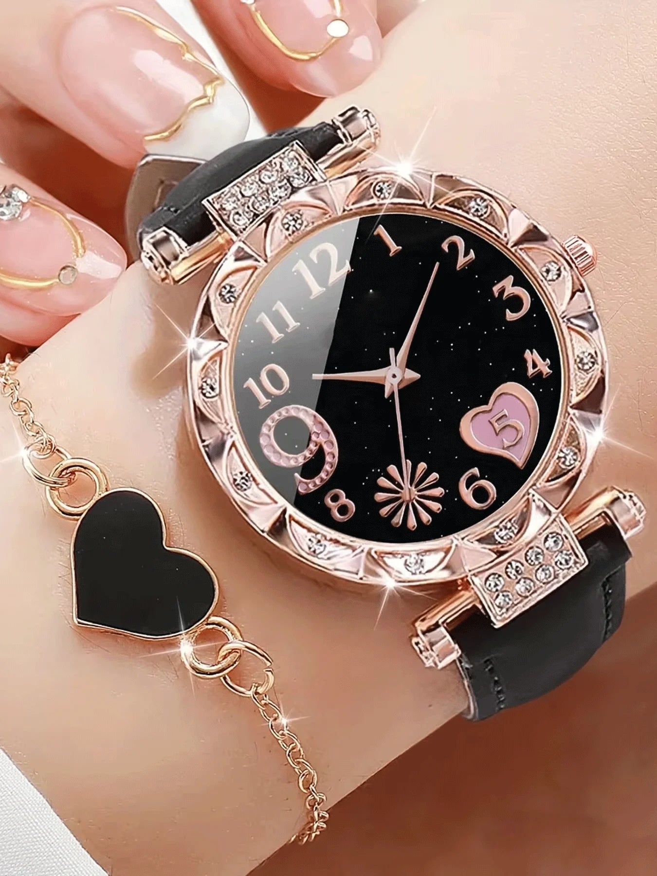 2-piece Women's Watch Fashion Watch Women's Versatile High end Women's Watch Women's Watch Set Qme black No