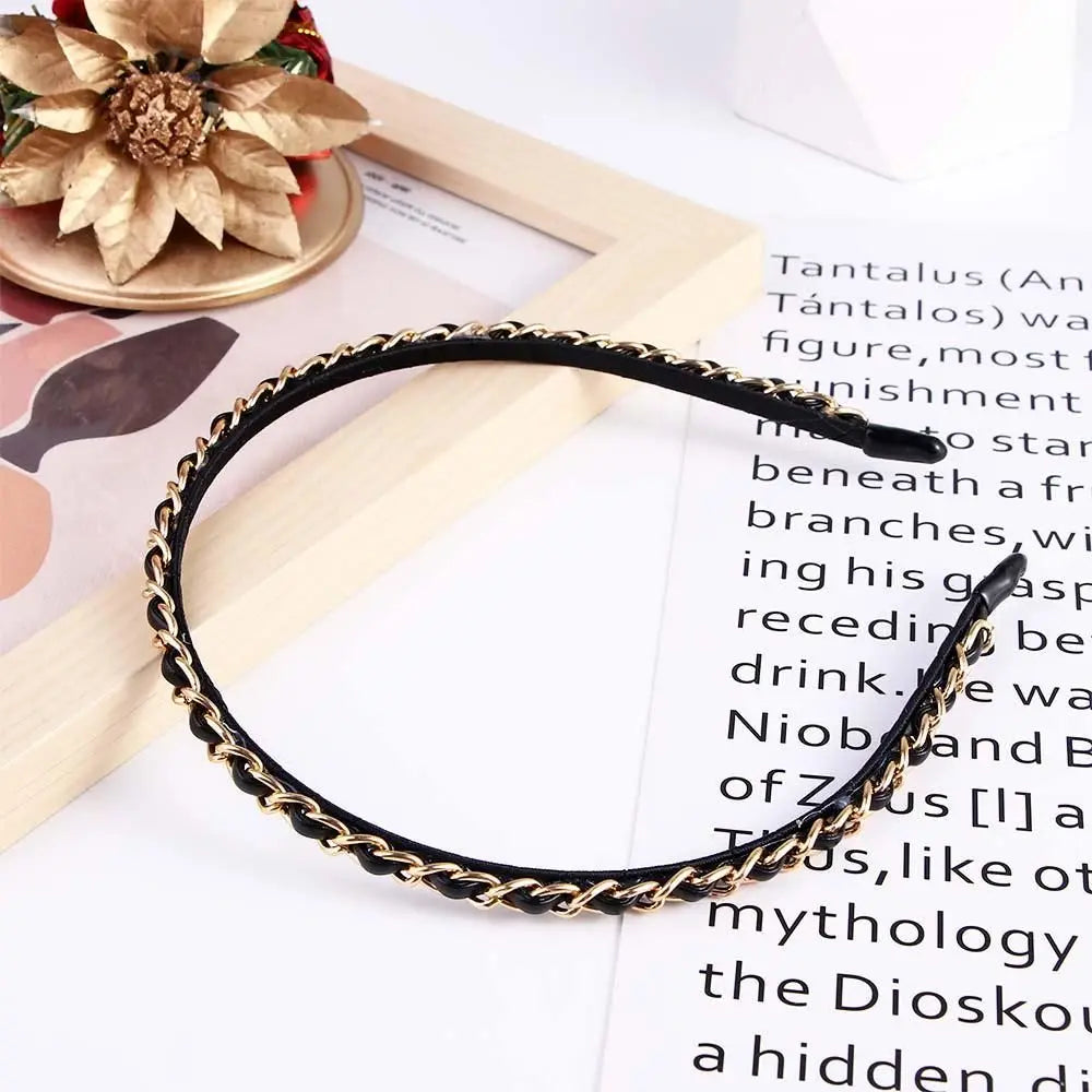 Cool Girl Women Black Gold Punk Headwear Hair Accessories Band PU Qme